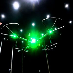 Aerospace drone in flight at night in MAir facility