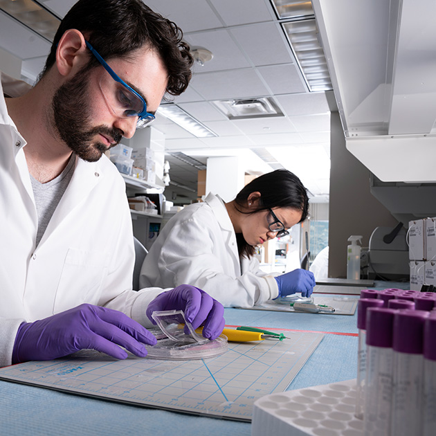 Two researchers work on materials in a lab